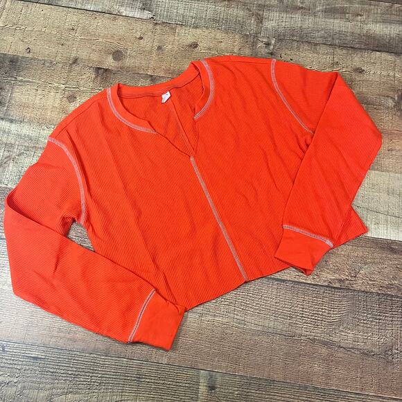BP NEW Women's Orange Fiesta Cropped Knit Long Sleeve Henley Sz XS Oversize Fall - Picture 2 of 5